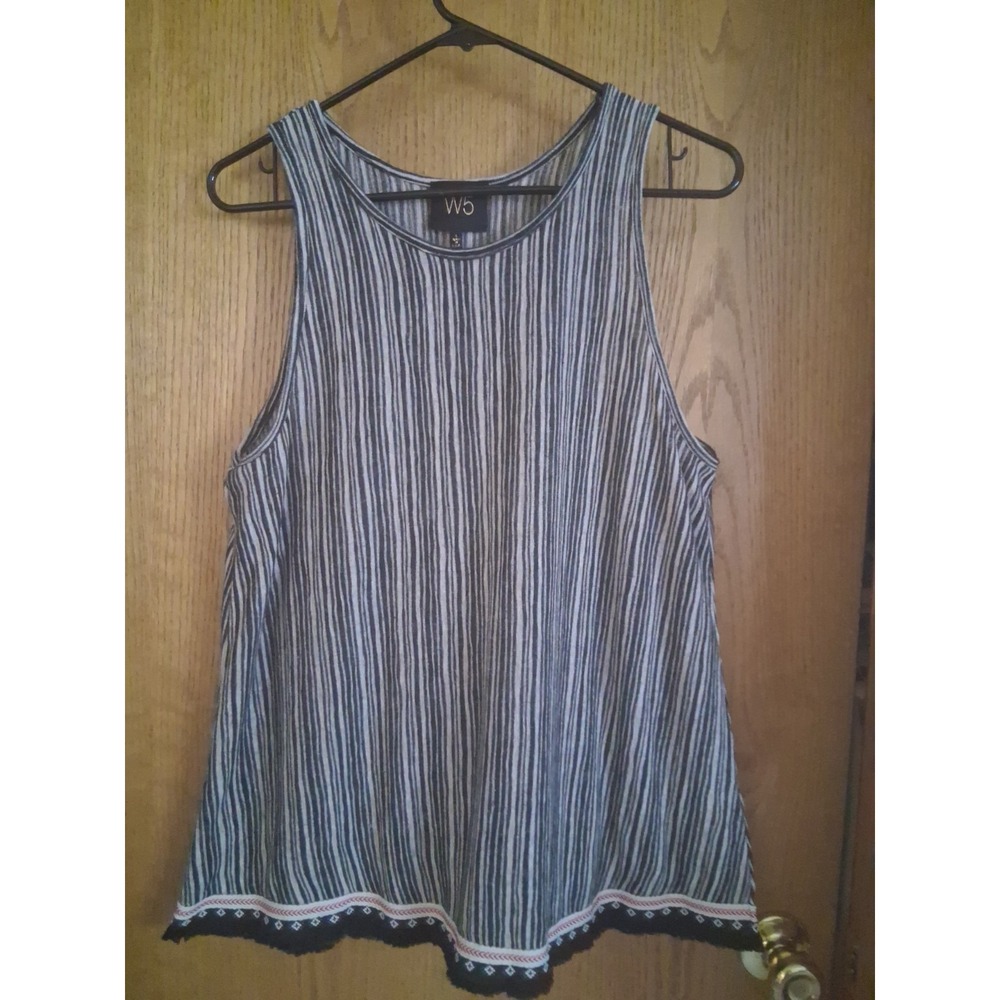 W5 Sleeveless Top Women's Large Black White Striped Aztec Trim Boho Made in USA